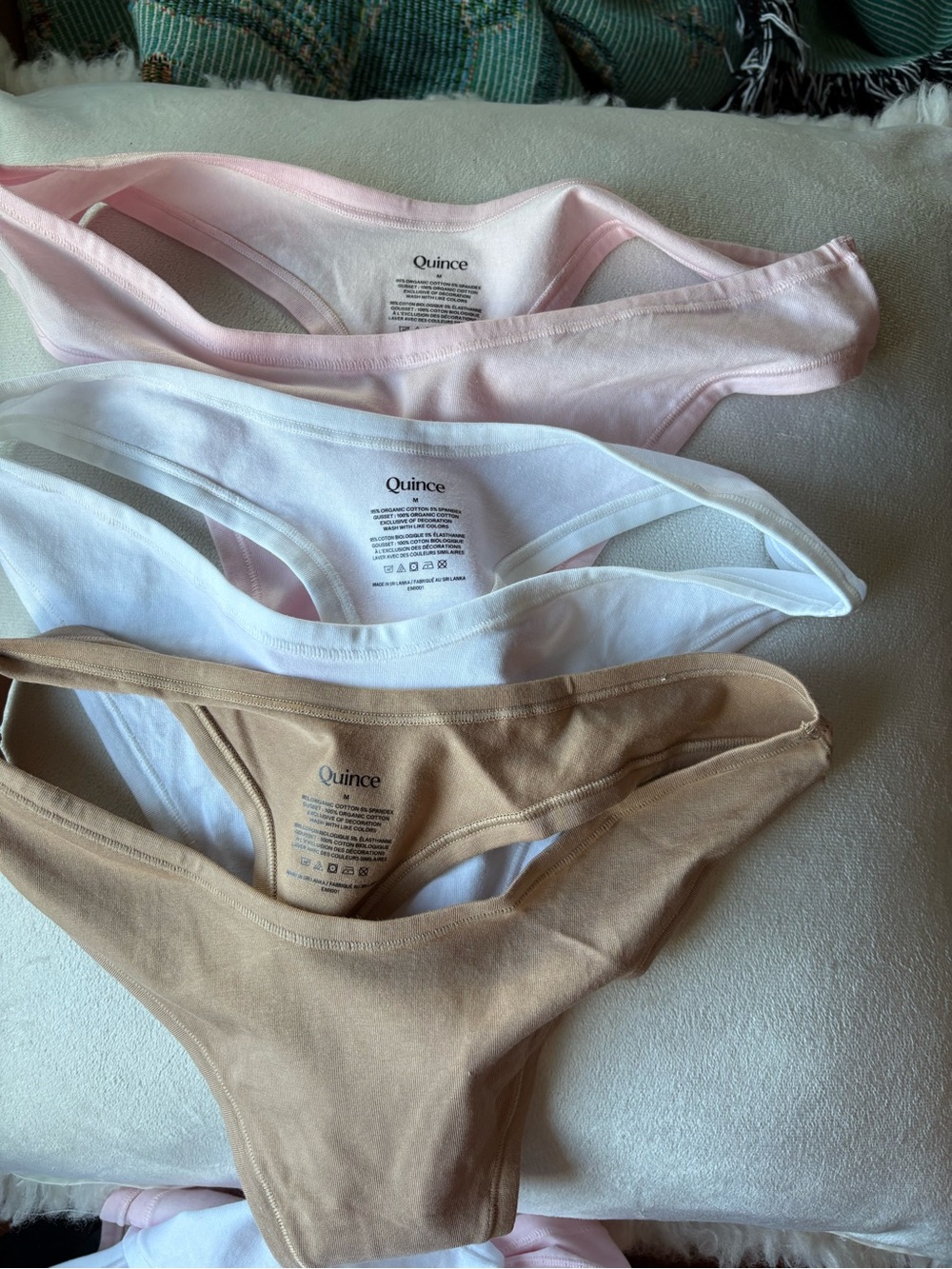 Quince Cotton Thong Trio — Pink, White & Nude